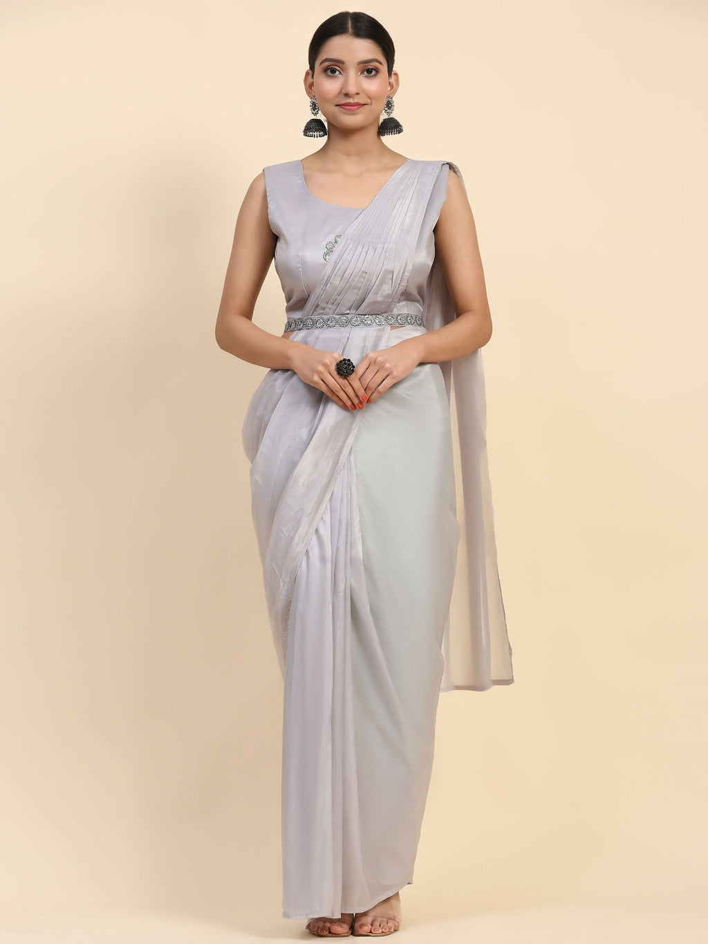 Grey Satin Solid Ready to wear Saree with stitched Blouse - Vanita | Grocsy