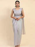 Grey Satin Solid Ready to wear Saree with stitched Blouse - Vanita | Grocsy