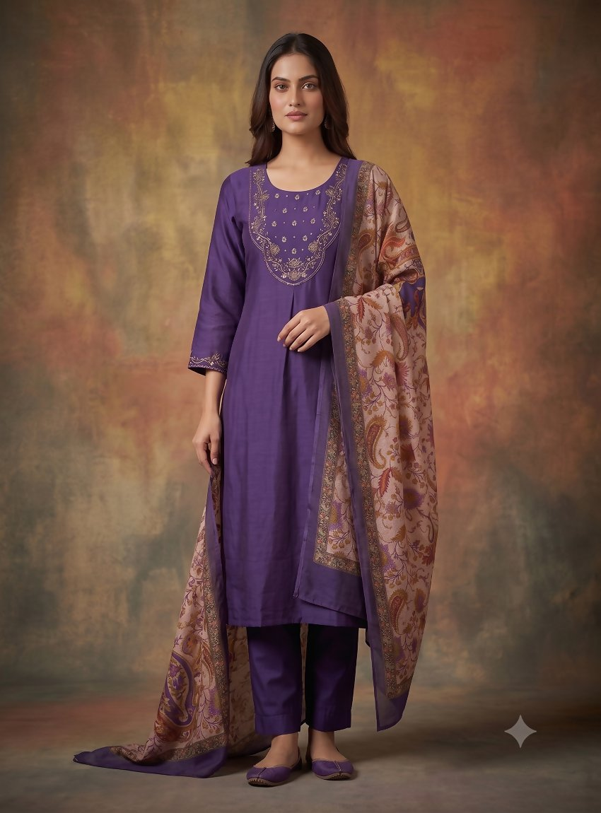 Teeya Creation Women Purple Embroidered Straight Kurta Set With Dupatta | Grocsy