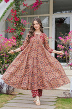 Jaimini Women Cotton Printed V-Neck 3/4 Sleeves Calf Length Flared Kurta Pant And Dupatta Set | Grocsy