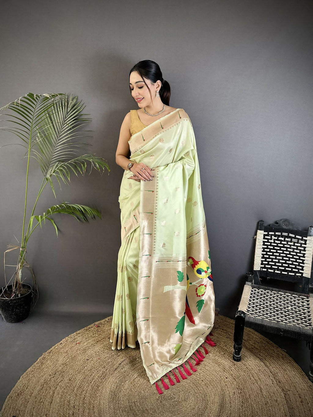 Joban Fashion Pista Green Peacock & Floral Motifs Soft Silk Kanchipuram Saree | Grocsy