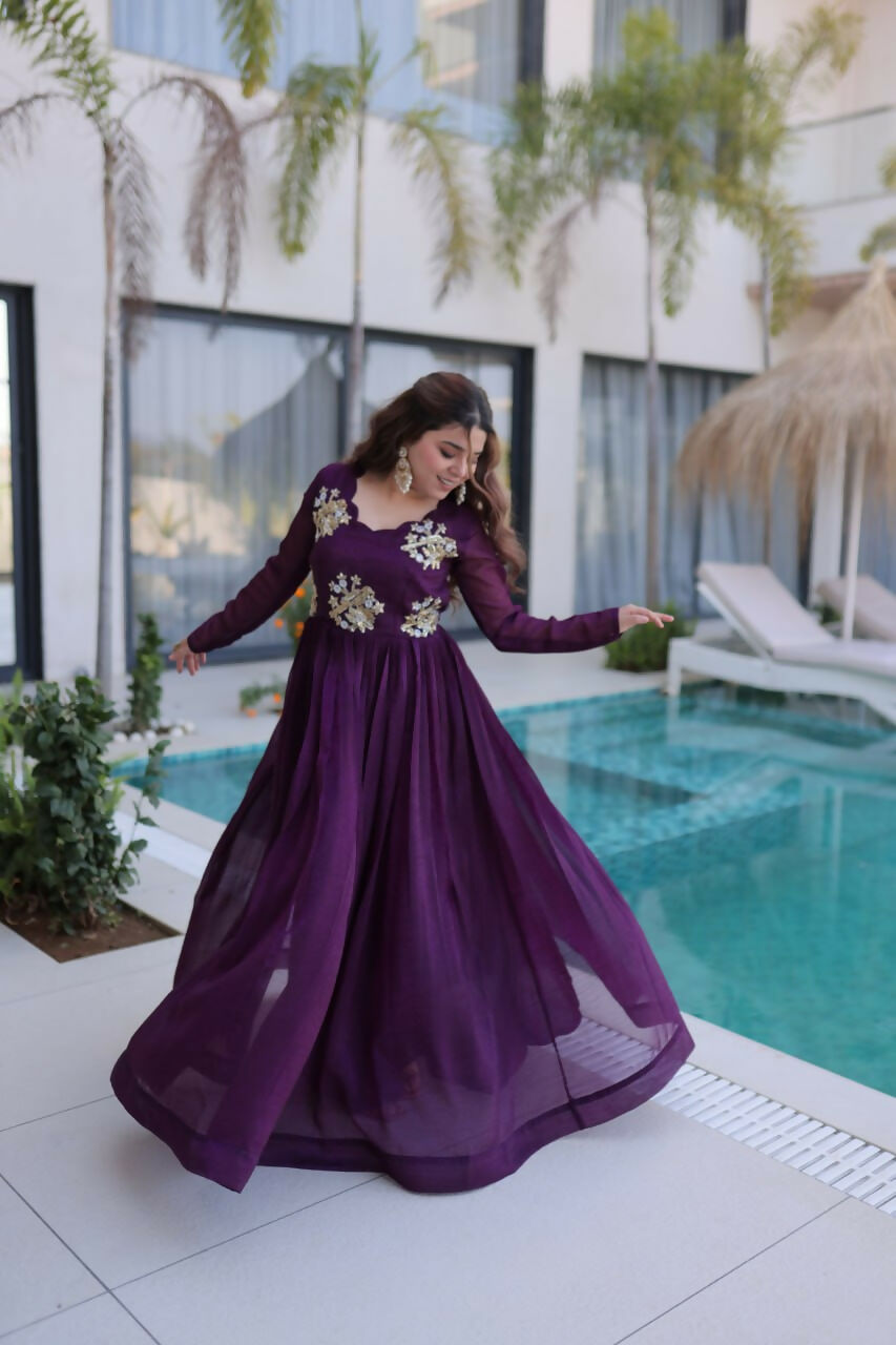 Teeya Creation Womens New Trending Silver Crunchy With Beads Embroidery-Work Gown Set | Grocsy
