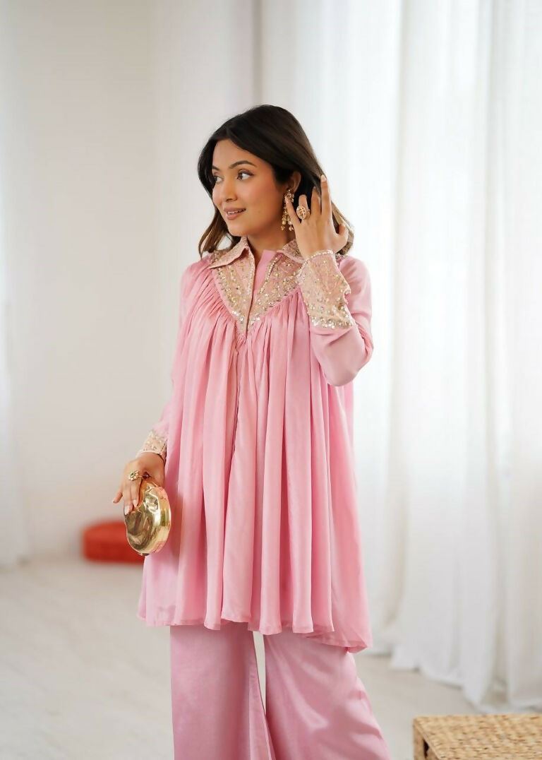Teeya Creation Baby Pink Heavy Chinnon Silk Embroidery Work Plazo pair | Grocsy