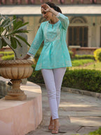 Juniper Women's Aqua Cambric Floral Printed Tunic | Grocsy