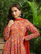Janasya Mustard Georgette Floral Kurta,Bottom & Dupatta | Grocsy