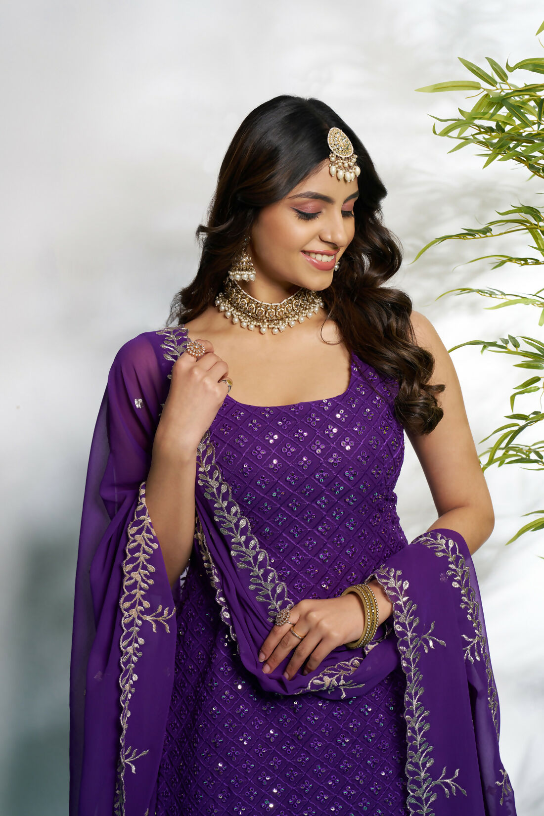 Aayaa Designer Faux Gorgette Embroidery Zari Sequins Thread work Full Flaired plazzo Suit with Dupatta - Purple | Grocsy