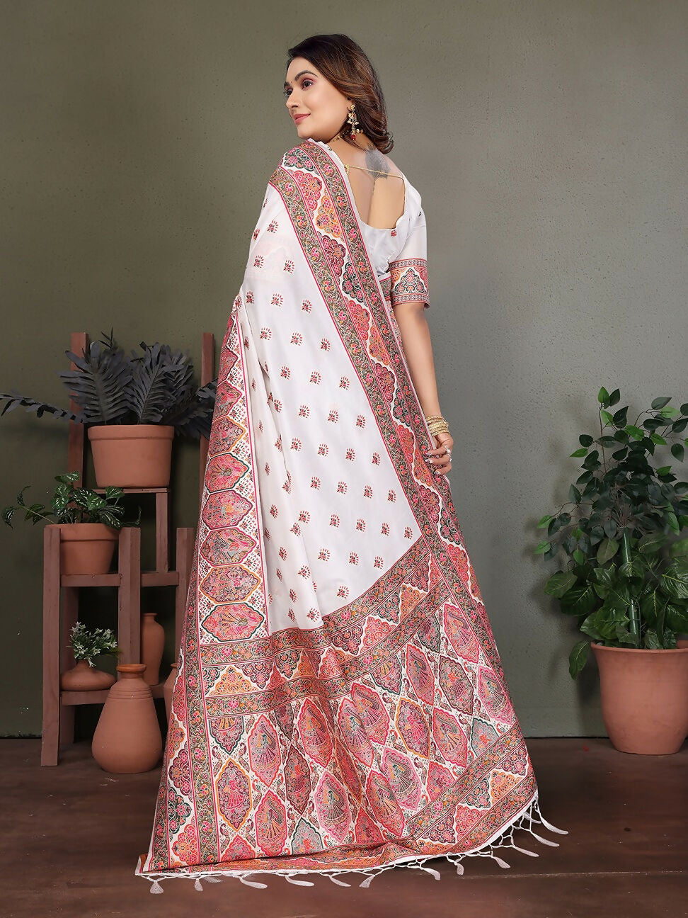 Joban Fashion White Thread Woven Pashmina Sarees | Grocsy