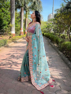 Vastranavya Twill Net Designer Embroidery & Colour Thread & Diamond work Saree with Blouse Material - Sky Blue | Grocsy