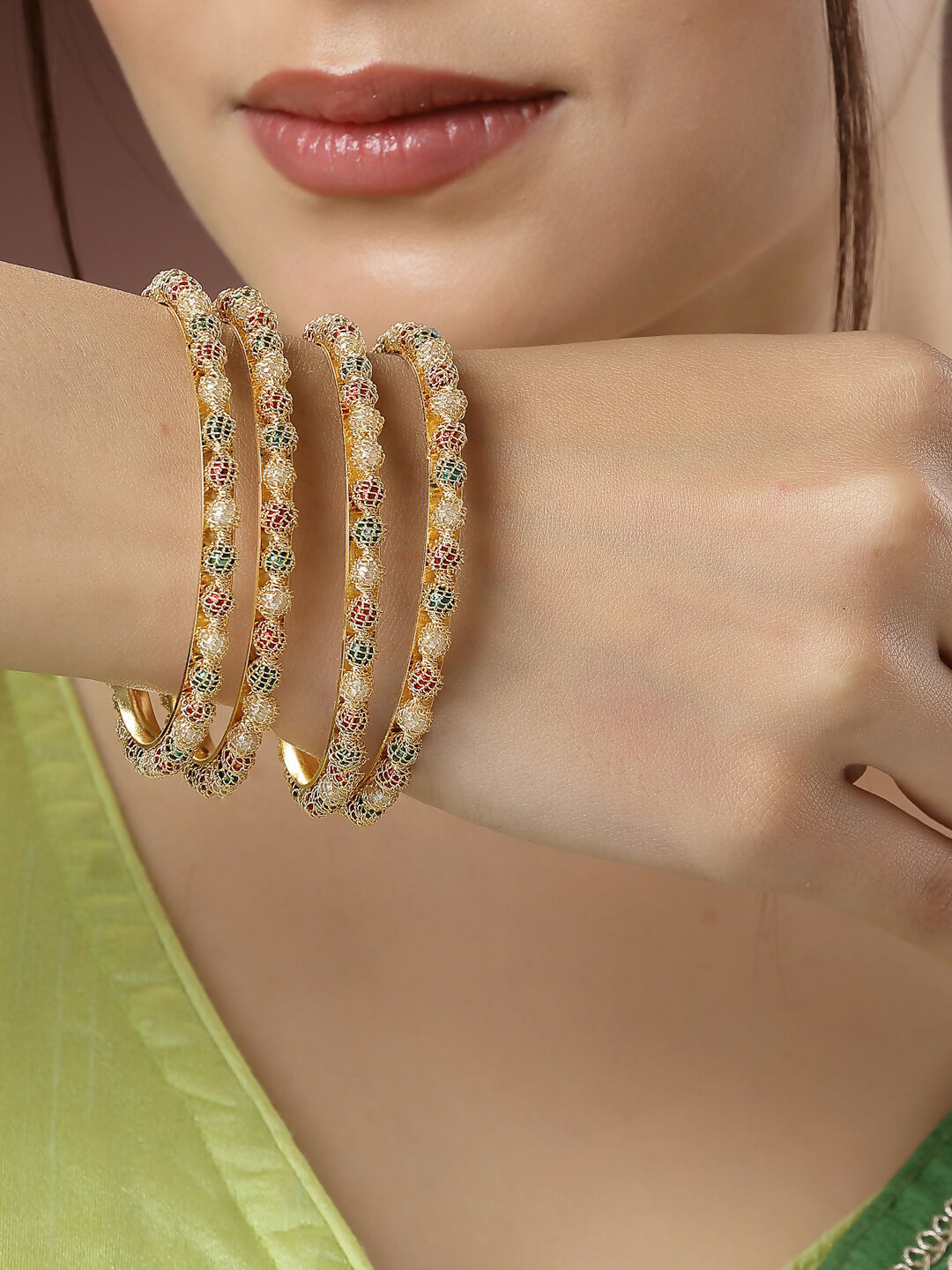 NVR Women's Set of 4 Gold-Polished Beads Handcrafted Traditional Bangles