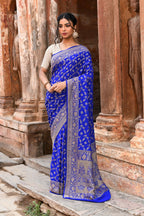 Joban Fashion Violet Crepe Chiffon Pure Handloom Banarasi Silk Saree | Grocsy