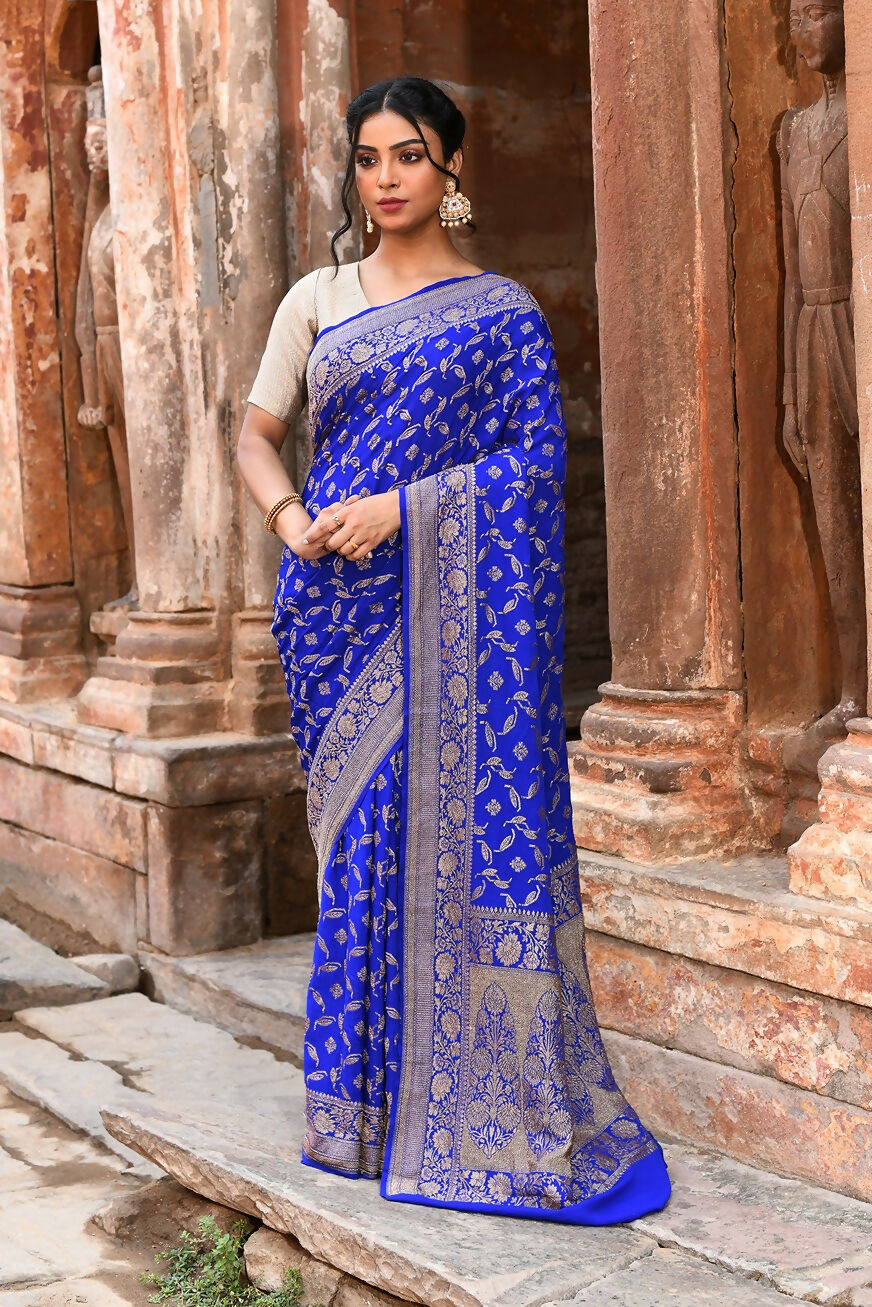 Joban Fashion Violet Crepe Chiffon Pure Handloom Banarasi Silk Saree | Grocsy