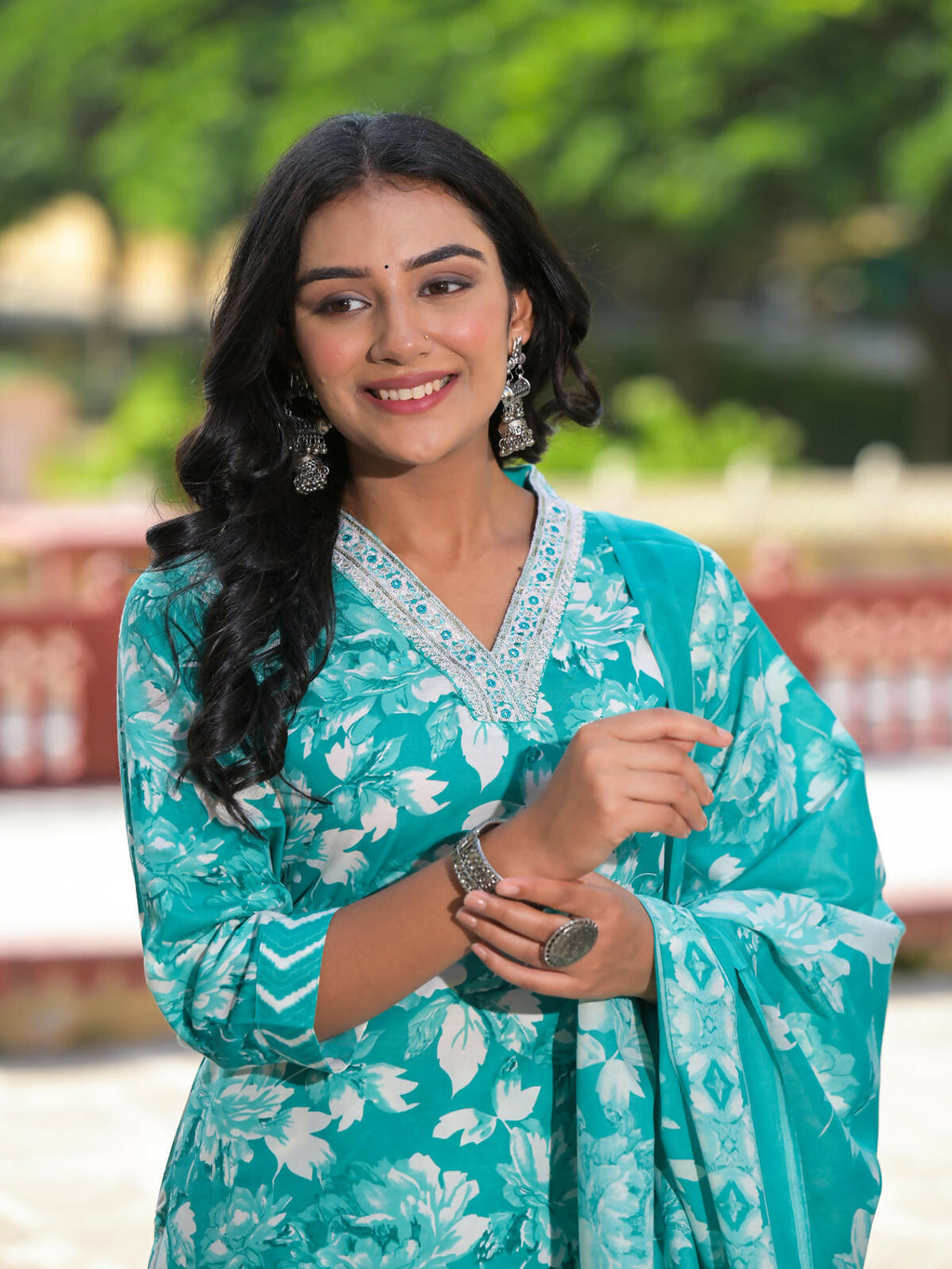Juniper Women's Rama Green Floral Printed Cotton Kurta Pant With Dupatta Set With Mirror Work & Zari Work | Grocsy