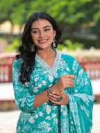 Juniper Women's Rama Green Floral Printed Cotton Kurta Pant With Dupatta Set With Mirror Work & Zari Work | Grocsy