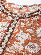 Yufta Brown & Off White Floral Print Kurta with Trousers and Dupatta Set | Grocsy