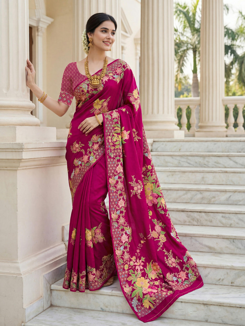 Aastha Fashion Rani Pink Premium Russian Silk Designer Floral Position Print Saree | Grocsy