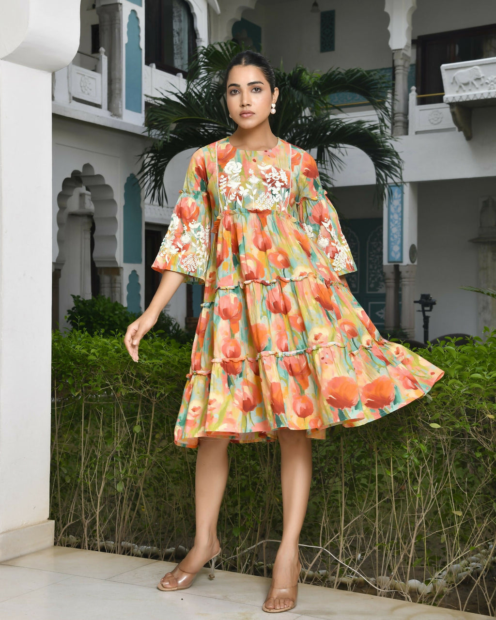 Vaasva Women's Orange Cotton Embroidered& Digital Printed Dress | Grocsy