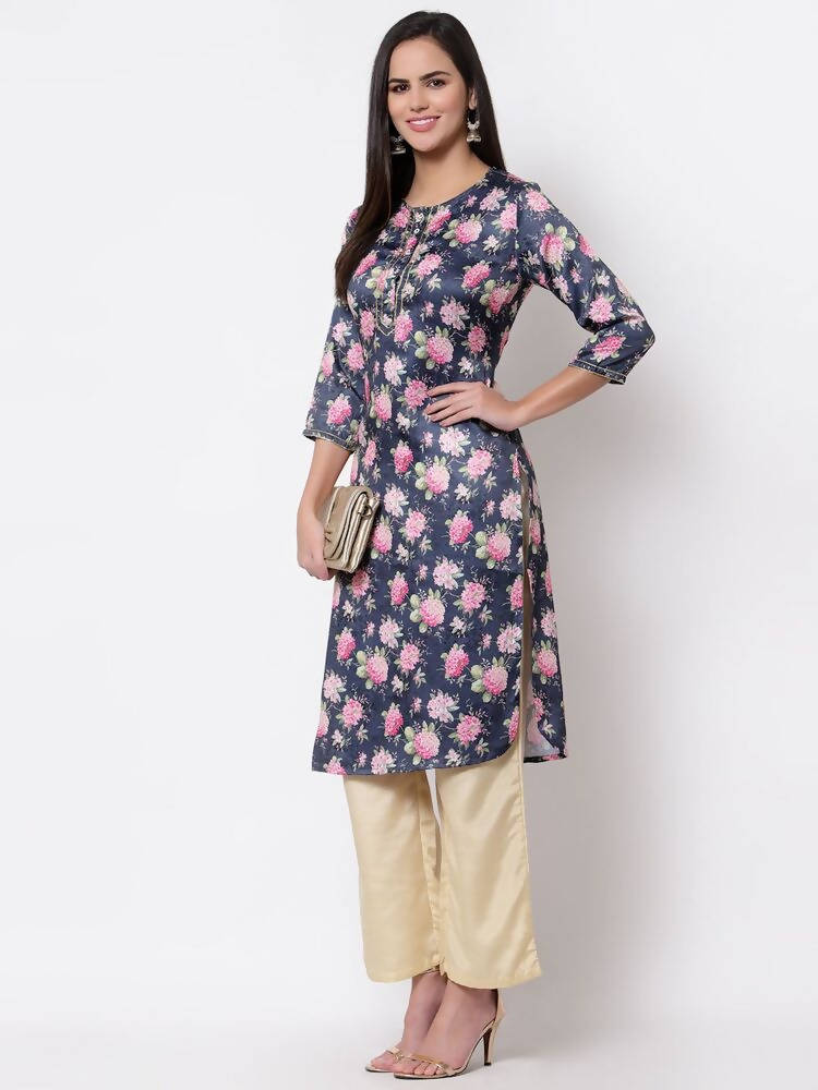 Myshka Silk Printed 3/4 Sleeve Round Neck Casual Blue Women's Kurta | Grocsy