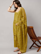 Lime Green & Golden Ethnic Motifs Print Kurta with Palazzo & Dupatta - Vishwa | Grocsy