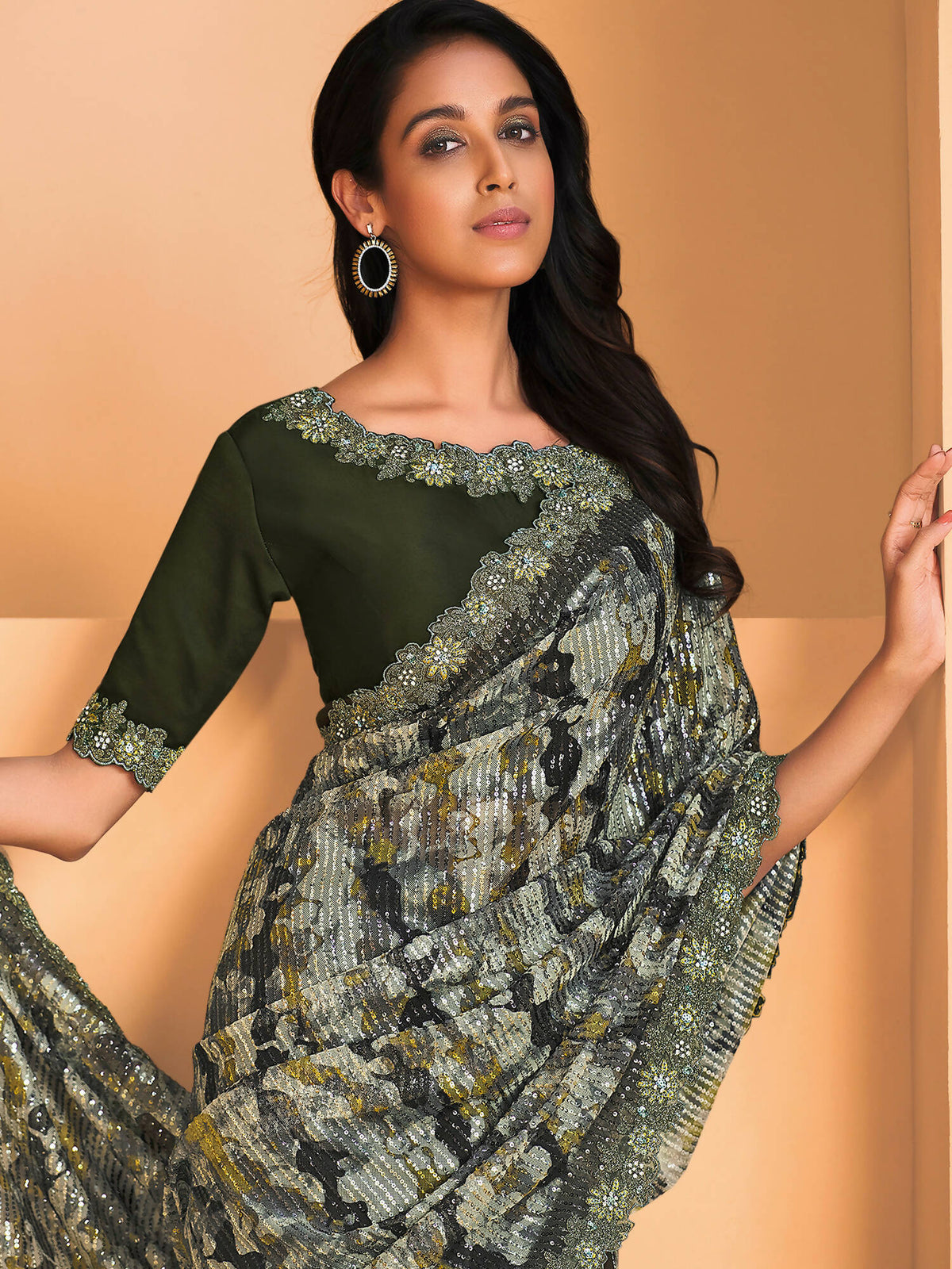 Green Satin Crepe Silk Sequence Embroidered Saree With Unstitched Blouse - Mohmanthan Yavanika | Grocsy