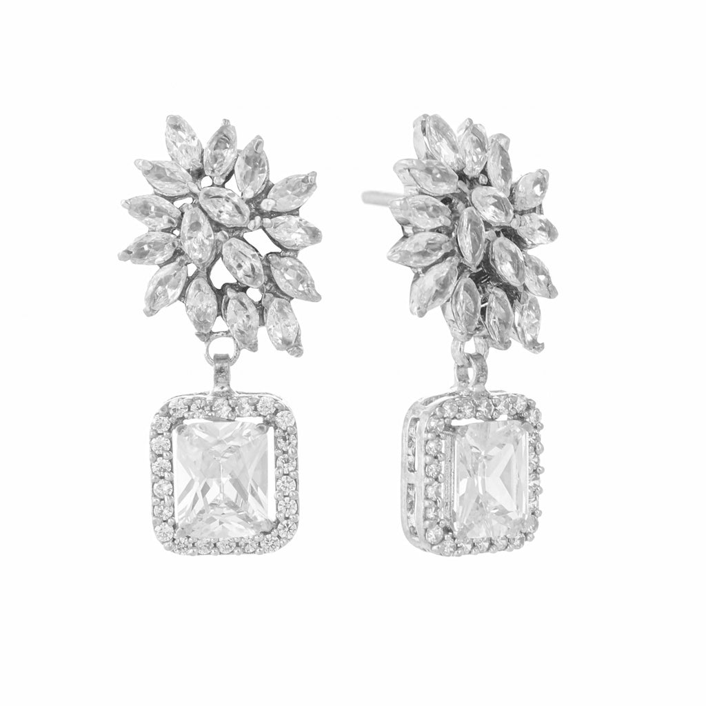 Nuyug Rhodium-Plated Rhinestone Studded Floral Minimal Cotemporary Studs | Grocsy