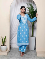 Miravan Womens Blue Embroidered Kurta With Palazzo | Grocsy