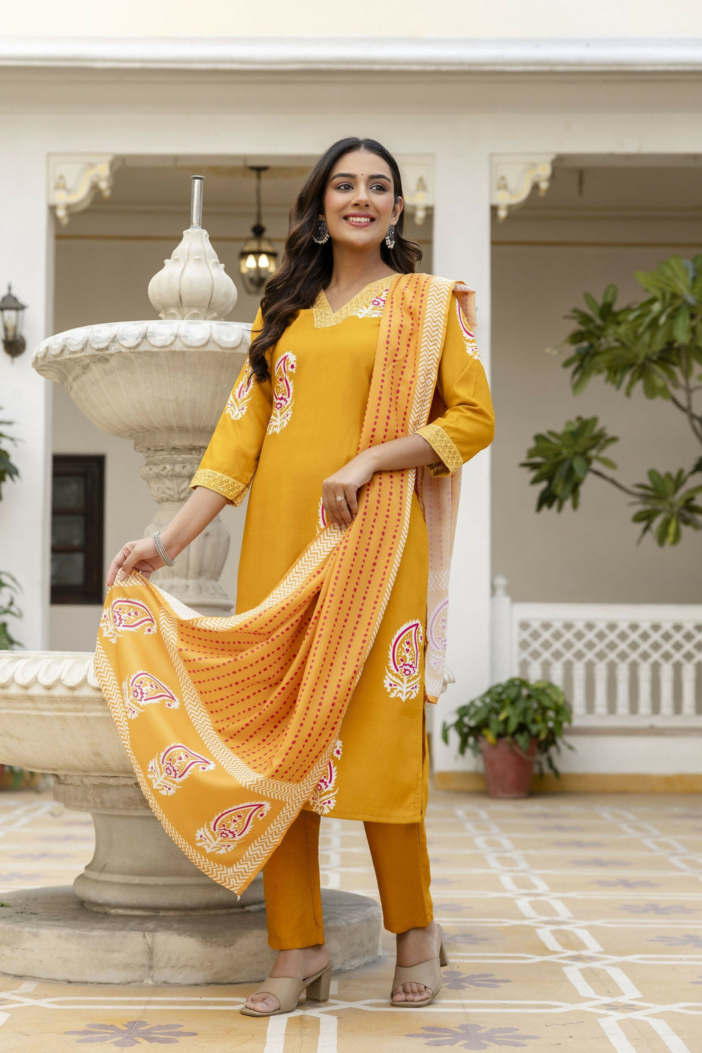 The52 Women's Beautiful Rayon Fabric Printed Work Straight Kurta Pant and Dupatta Set | Grocsy