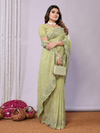 Green Pure Georgette Embroidered Saree With Stitched Blouse - Nimaya Kaksha | Grocsy
