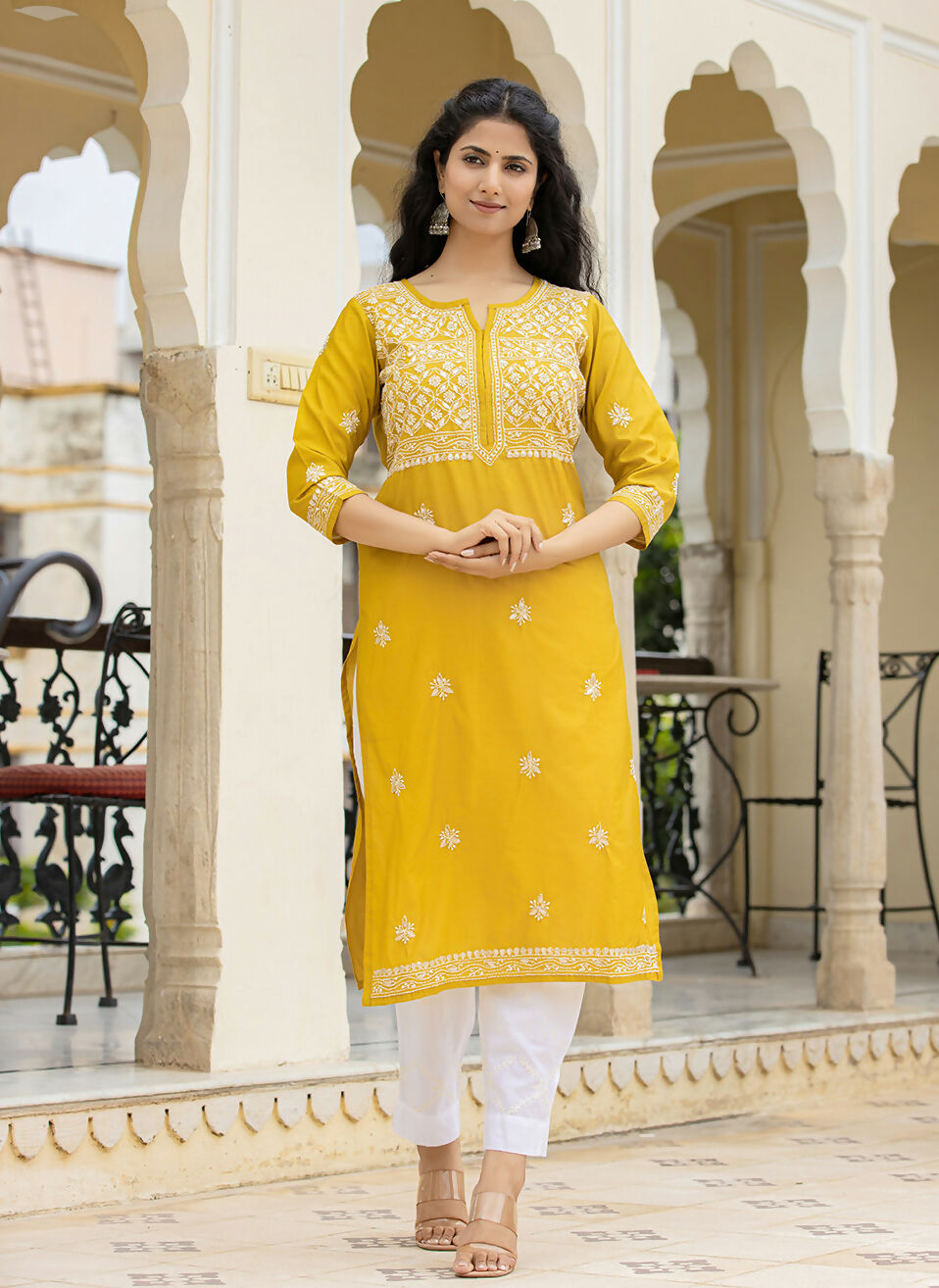 Kaajh Women's Mustard Chikhankari Embroidered Kurta Pant Set | Grocsy