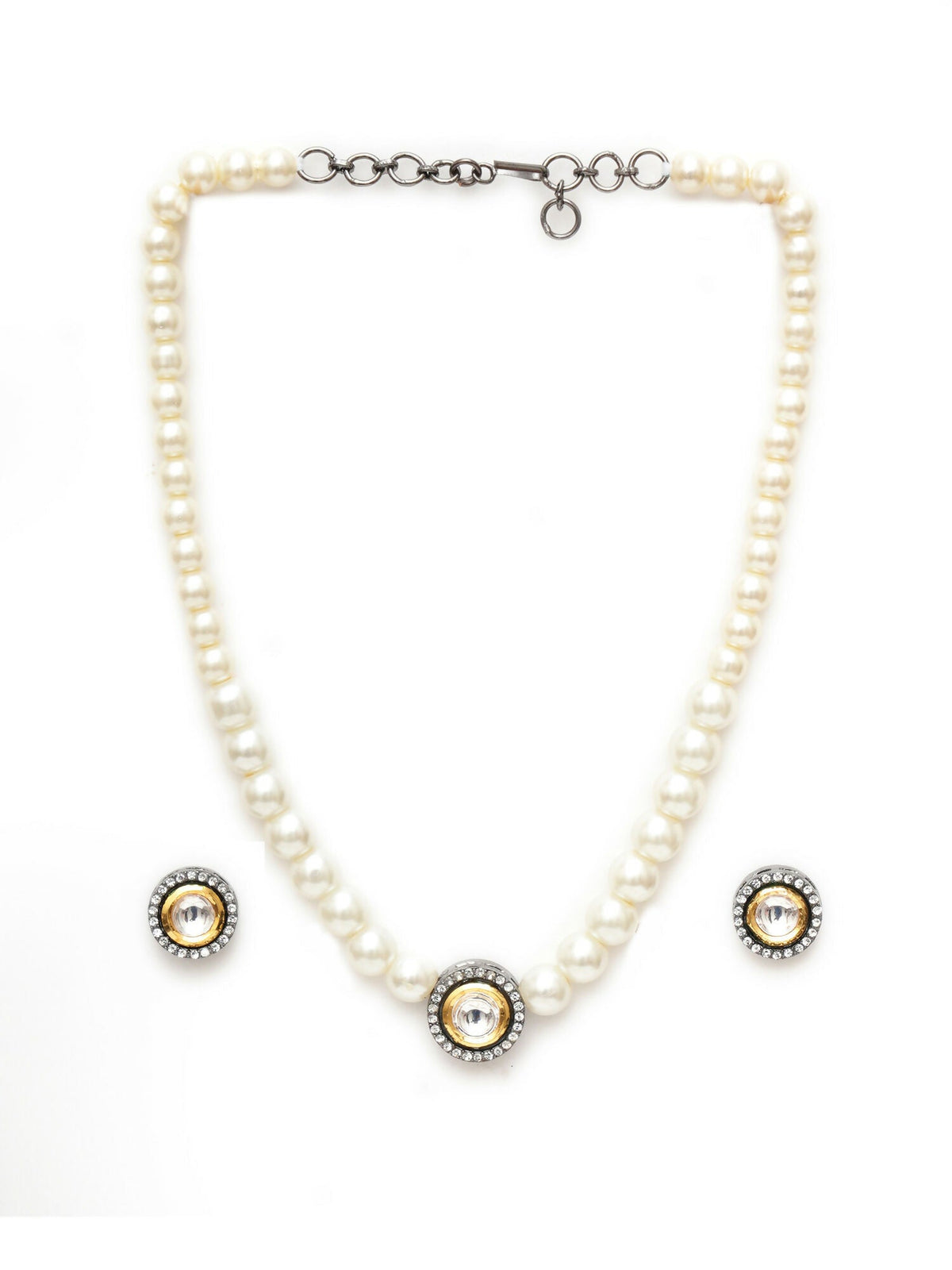 Kundan and Pearl Choker with Studs Jewellery Set (white) - Ruby Raang