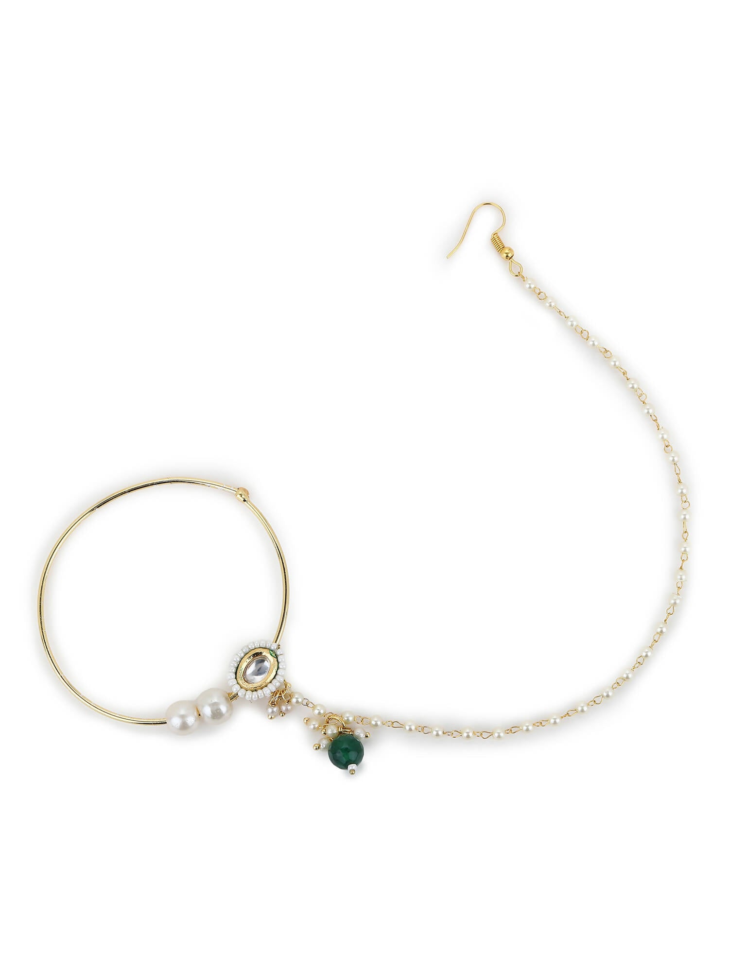 Gold-Polished White Green Kundan-Studded Pearl Beaded Nosepin - Ruby Raang | Grocsy