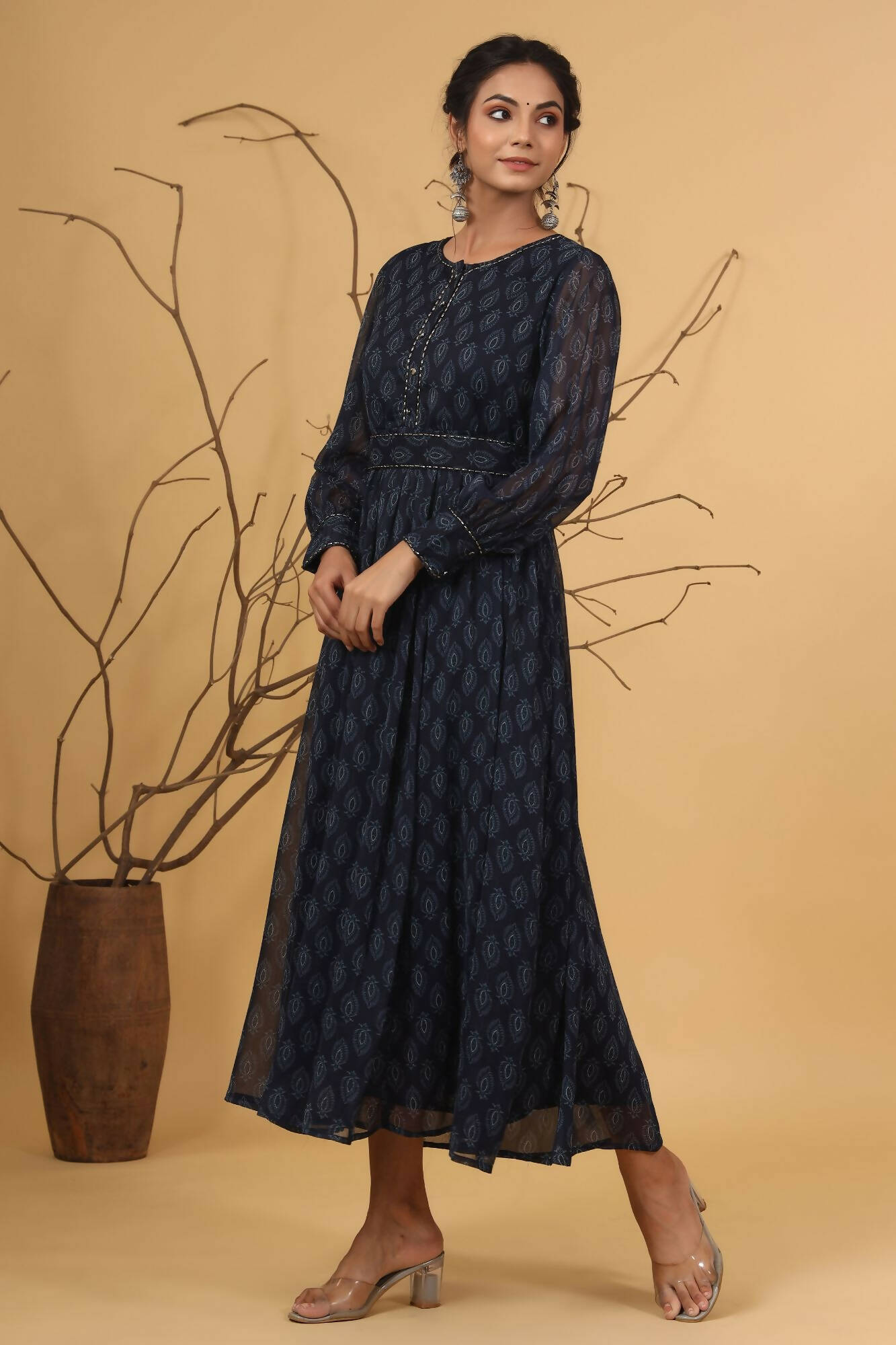Juniper Women Navy Chiffon Printed Flared Dress | Grocsy