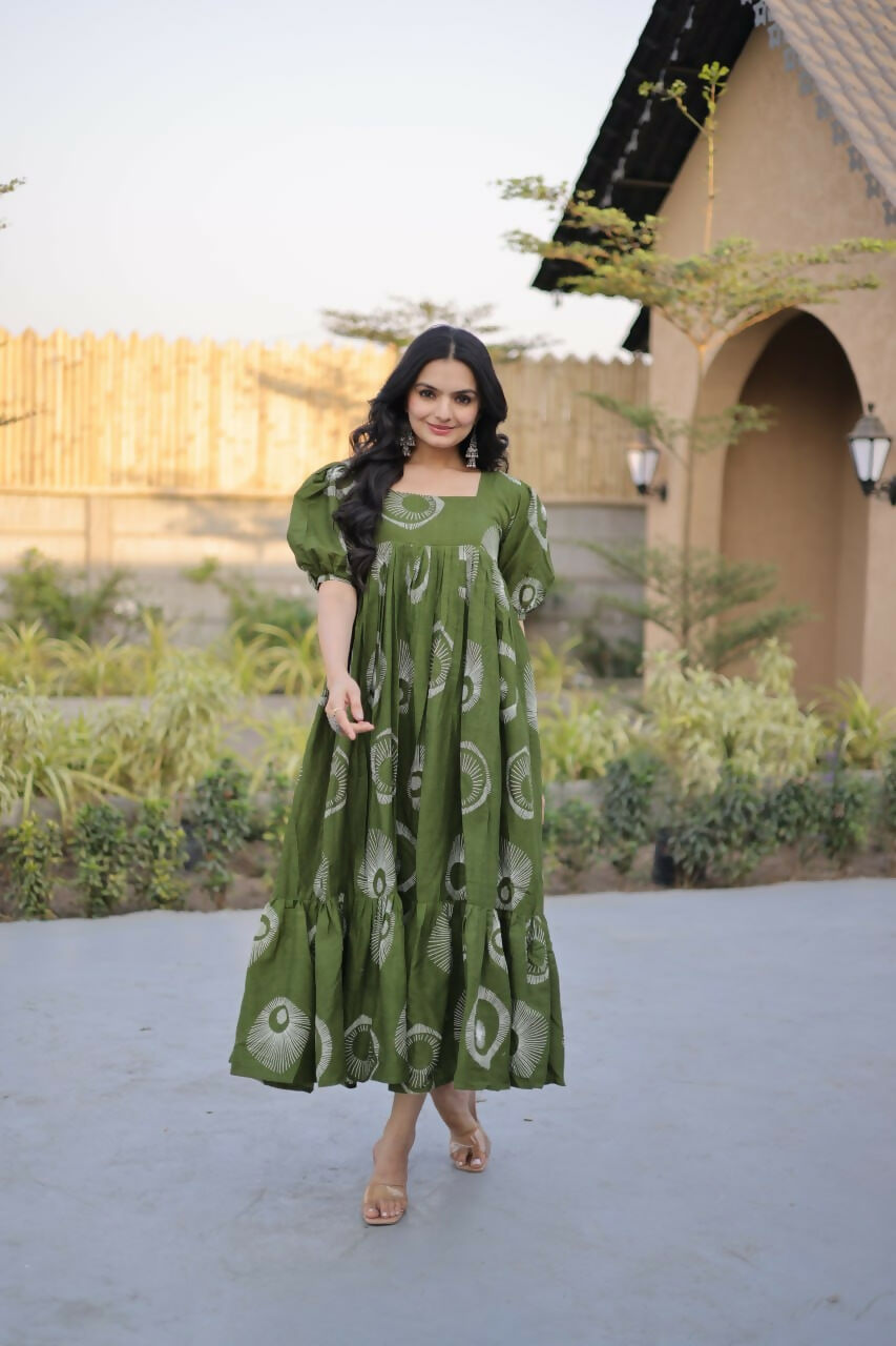 Teeya Creation Womens New Trendy Summer War Printed Cotton Gown Set-Green | Grocsy