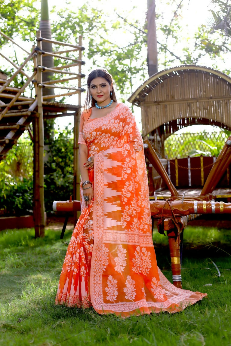 Partywear Designer Orange Jamdani contton Fancy Saree - Starwalk | Grocsy
