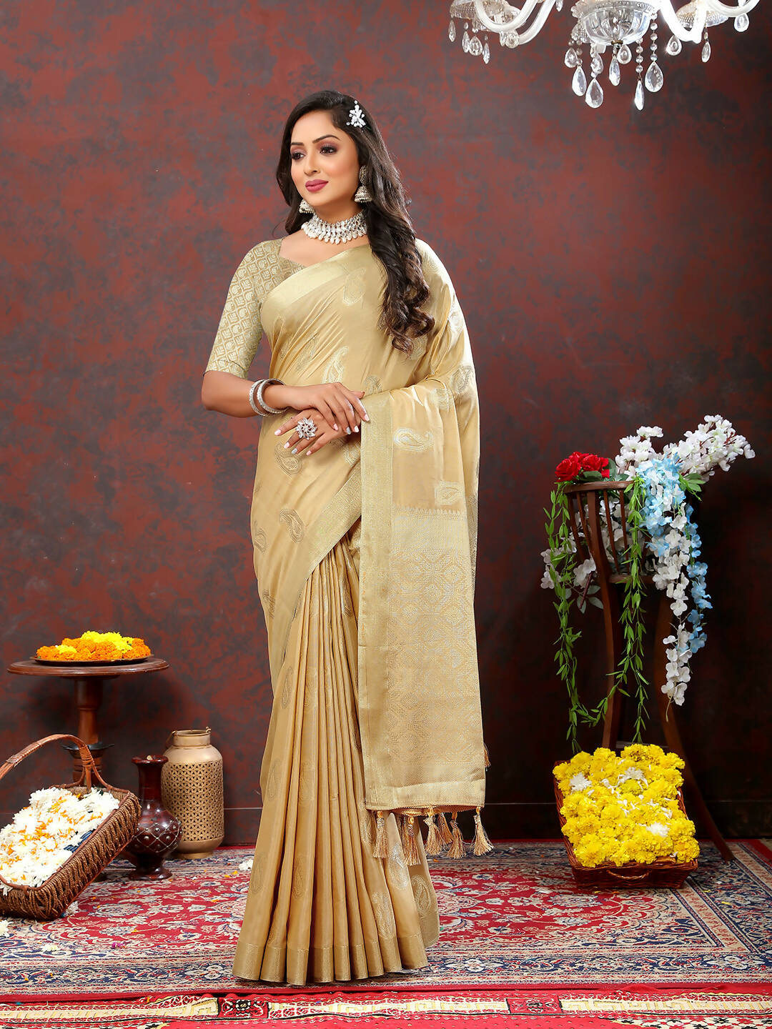 Lorenvalley Fashion Cream Cotton Woven Design with Zari Weaving Design Saree | Grocsy