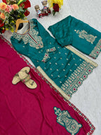 Teeya Creation Womens New Wedding Wear Heavy Embroidery Thread Work Teal Kurta Set | Grocsy