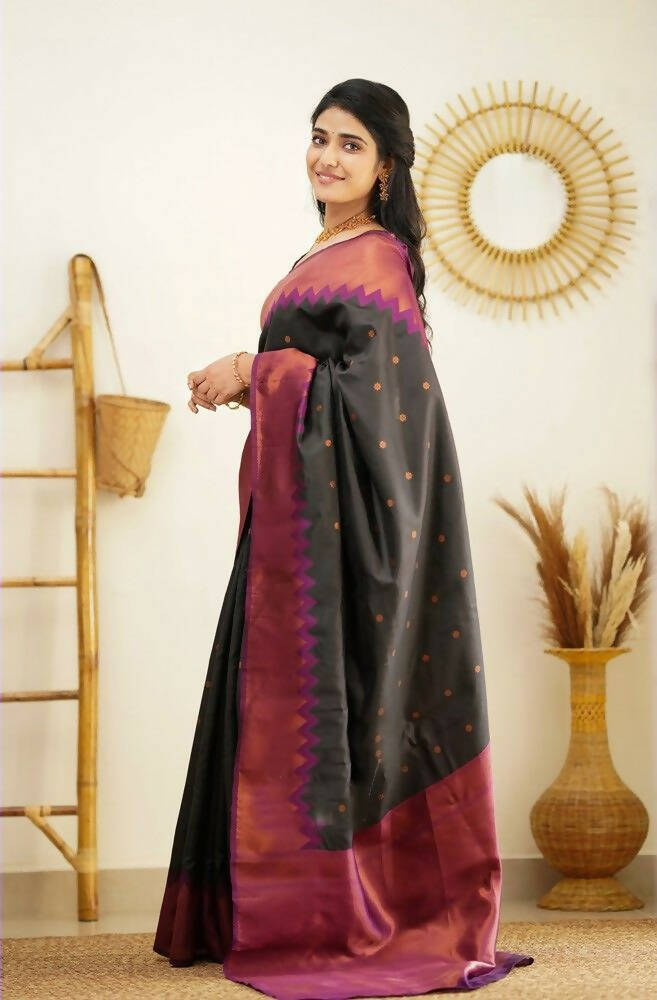 DEIANA'S Beautiful Designer Golden zari Soft Lichi Silk Saree - Black | Grocsy