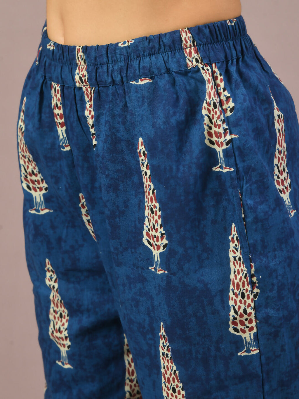 Myshka Women's Blue Printed Cotton Round Neck Party Tunic With Trousers Co-ord set | Grocsy