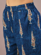 Myshka Women's Blue Printed Cotton Round Neck Party Tunic With Trousers Co-ord set | Grocsy