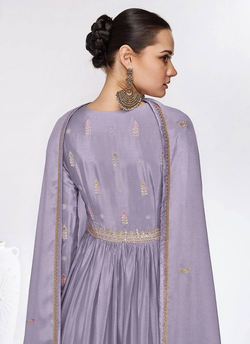 Lorenvalley Fashion Lavender Chinon Embroidery With Sequince Work Gown Stitched | Grocsy
