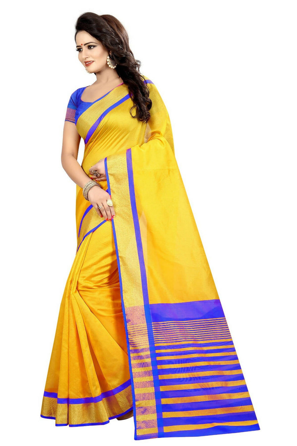 Vamika Yellow Cotton Silk Weaving Saree (MASTANI ROYAL BLUE) | Grocsy