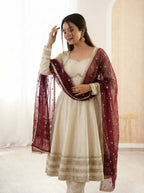Teeya Creation Cream Cosmos Gold Lace Work Party Wear Gown | Grocsy