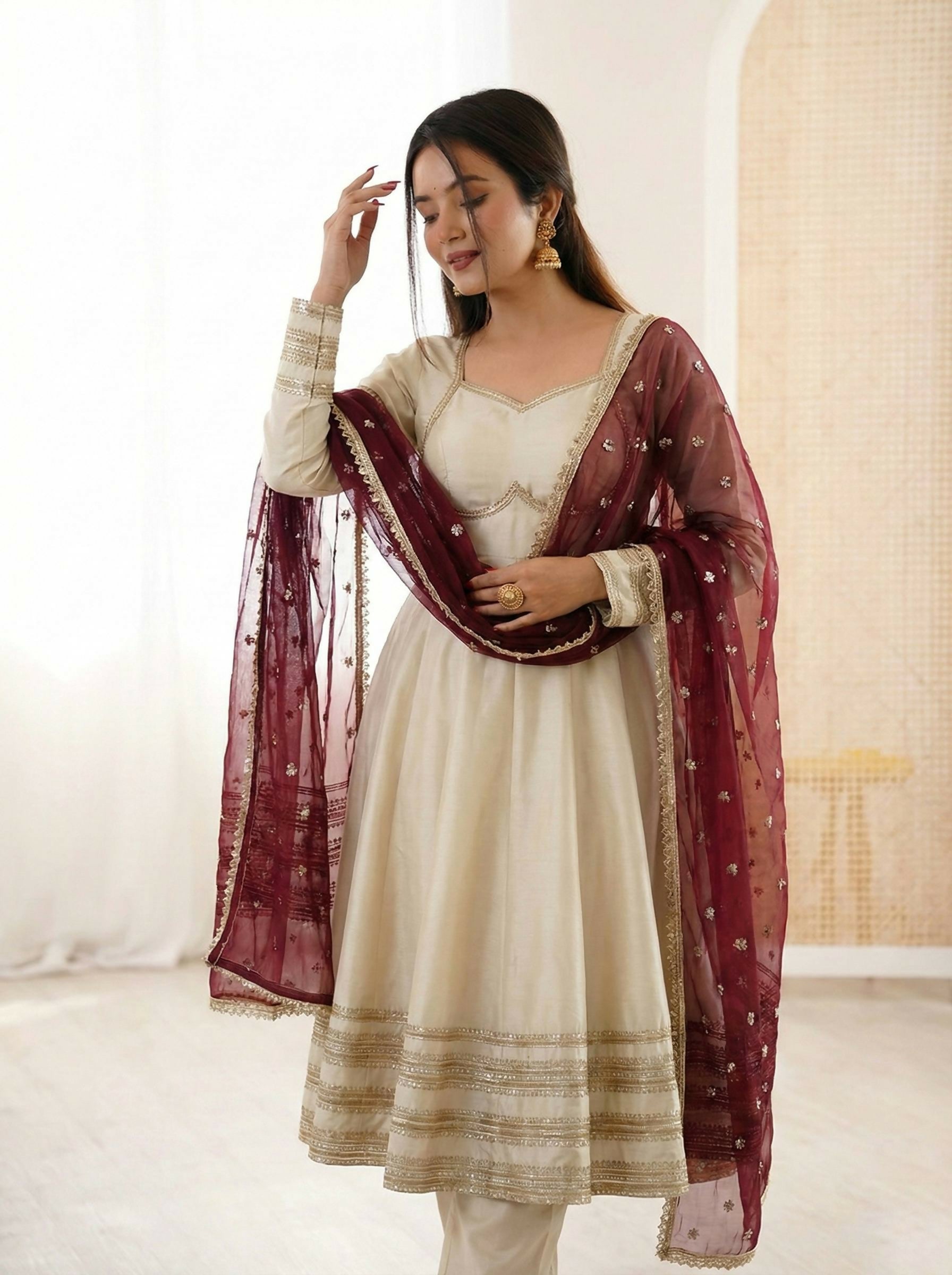 Teeya Creation Cream Cosmos Gold Lace Work Party Wear Gown | Grocsy
