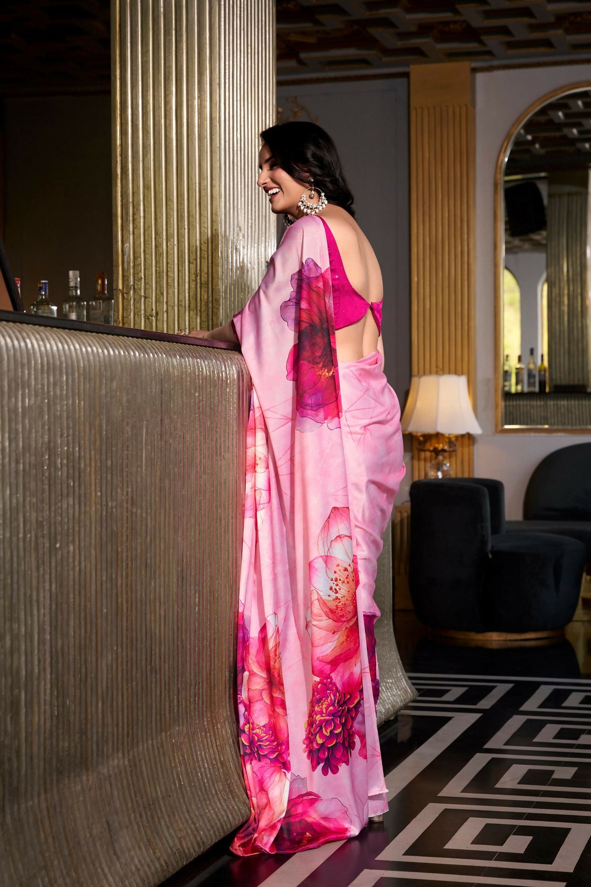 Vastranavya Baby Pink Satin Silk Printed Saree with Hotfix Work Unstitched Blouse | Grocsy