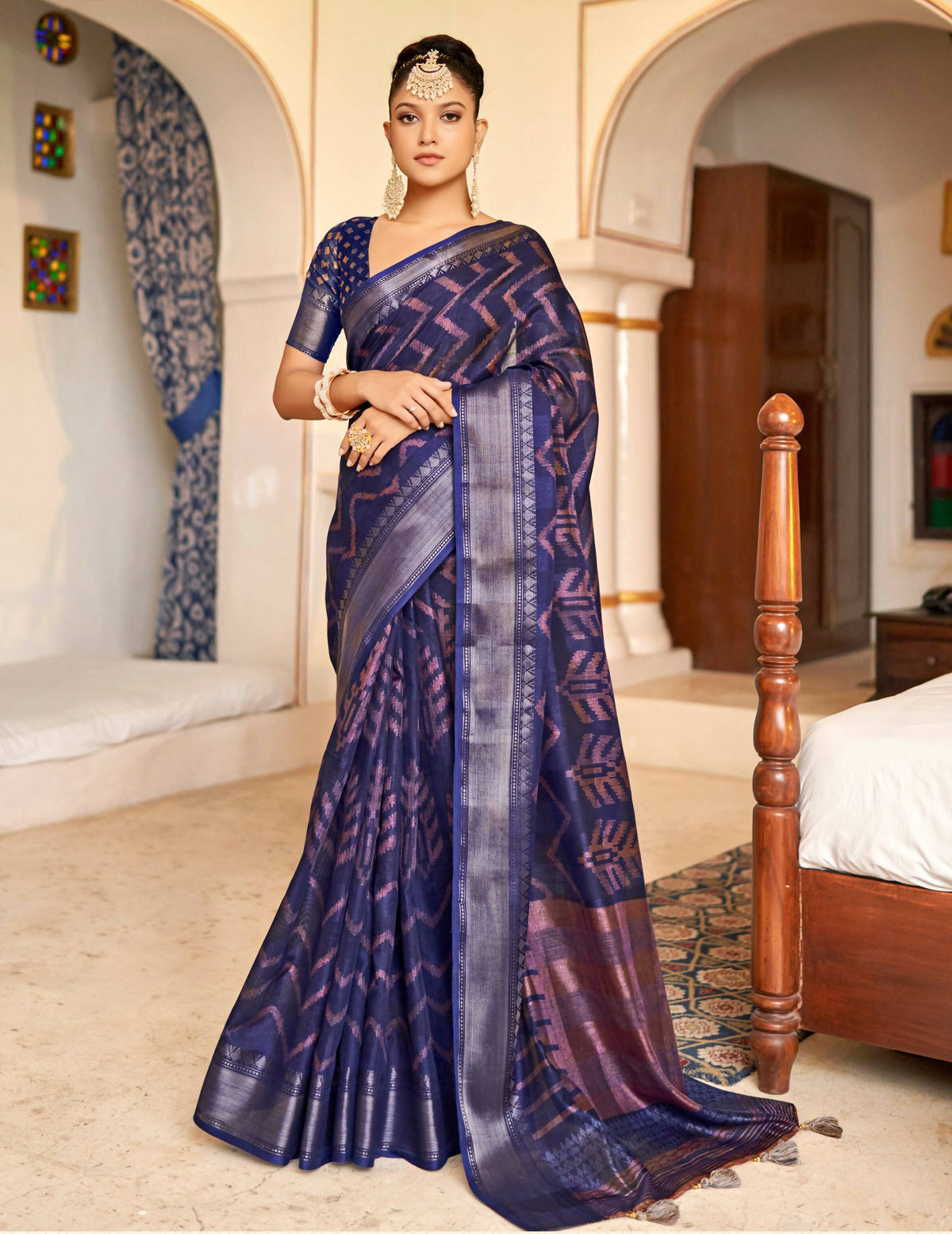 Dark Blue Patta Poly Cotton Stripe Printed Saree With Unstitched Blouse Piece - Shades | Grocsy