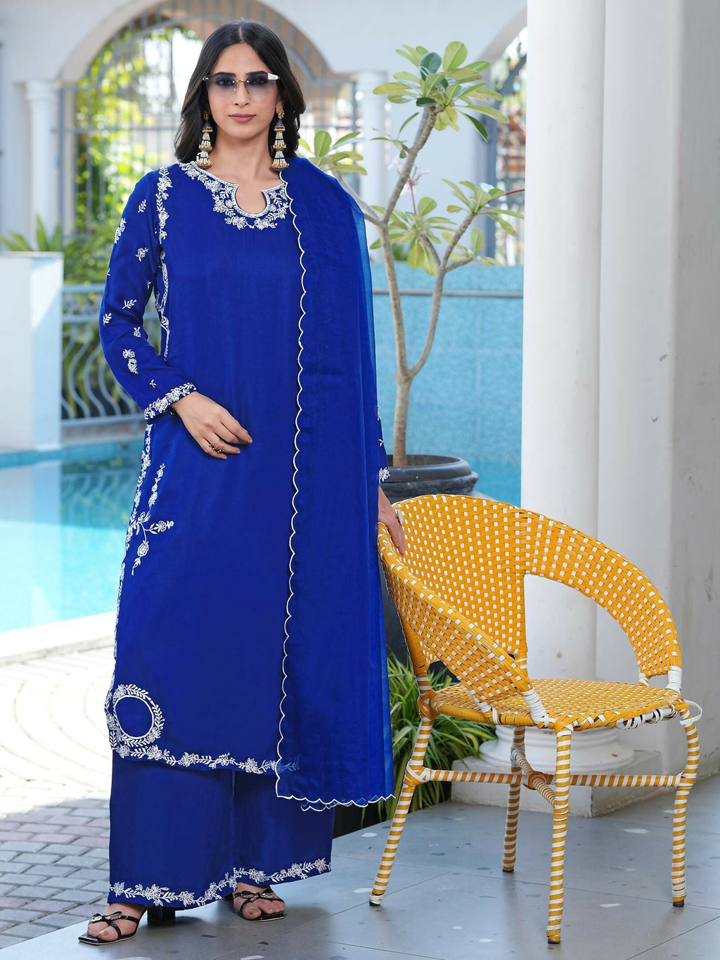 Nikhaar Royal Blue Embroidered Modal Silk Stitched Straight Cut Kurta Culottes Dupatta Readymade Suit | Grocsy