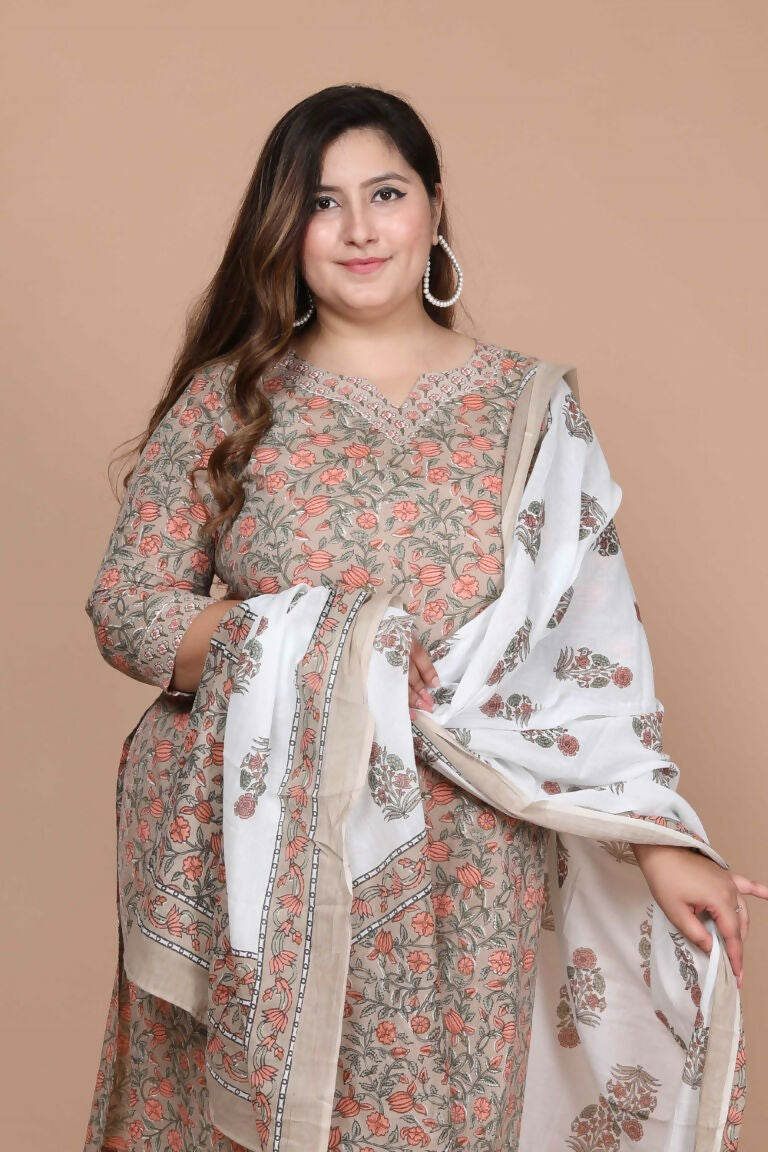 Miravan Women's Plus Size Brown Floral Printed Gotta Patti Pure Cotton Kurta With Palazzo And Dupatta Set | Grocsy