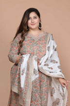 Miravan Women's Plus Size Brown Floral Printed Gotta Patti Pure Cotton Kurta With Palazzo And Dupatta Set | Grocsy