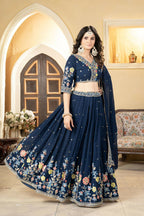 Eilara Prussian Blue Georgette Embroidered Panelled Style Lehenga | Grocsy