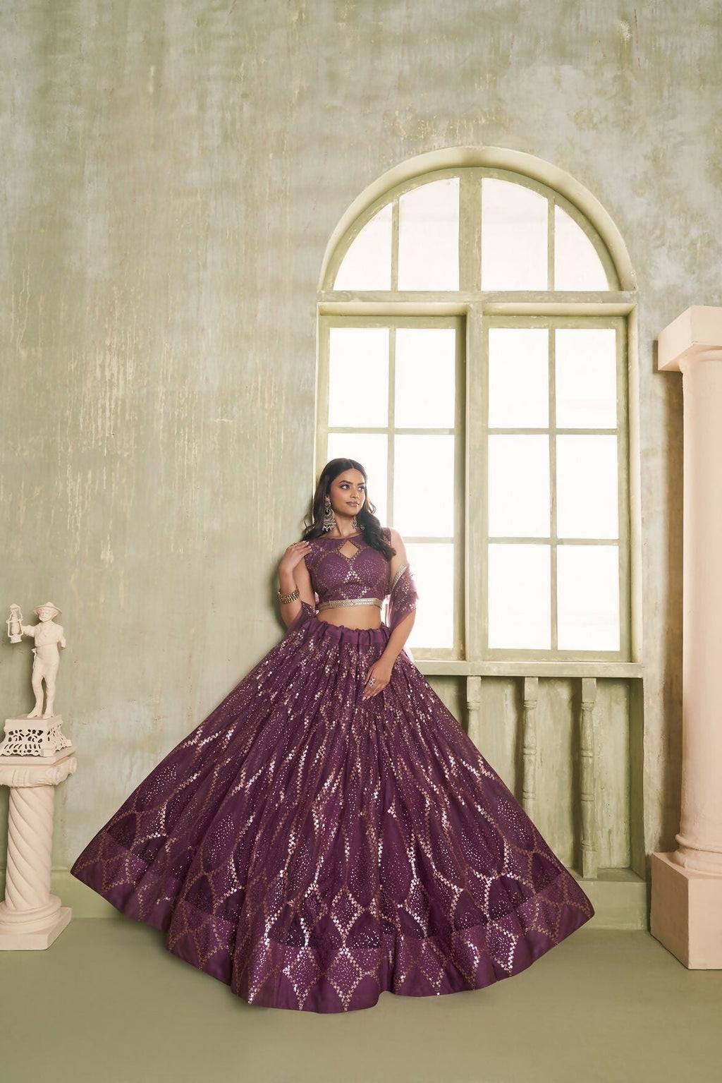 Eilara Embroidered, Sequins And Thread Work Net A - Line Lehenga Choli In Wine | Grocsy