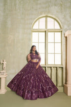 Eilara Embroidered, Sequins And Thread Work Net A - Line Lehenga Choli In Wine | Grocsy